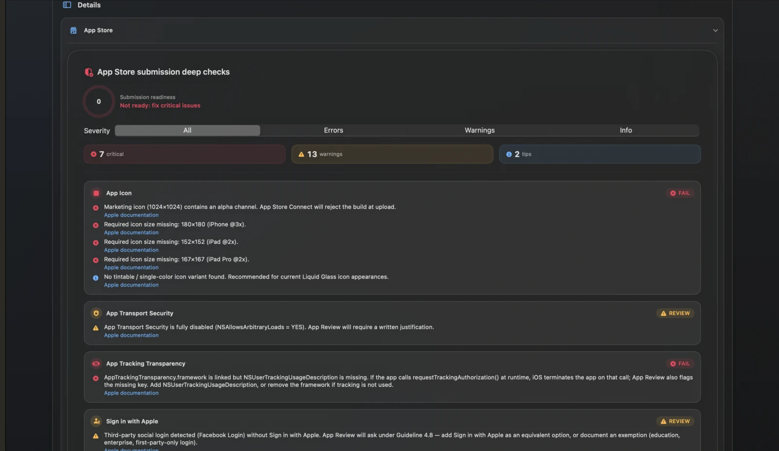 StoreShield App Store submission deep checks with errors, warnings, and passed checks.
